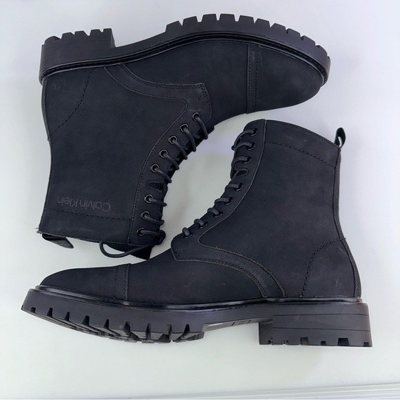 CALVIN KLEIN Mens Black Pull Tab Lorenzo Round Toe Block Heel Leather Boots - Picture 3 of 8